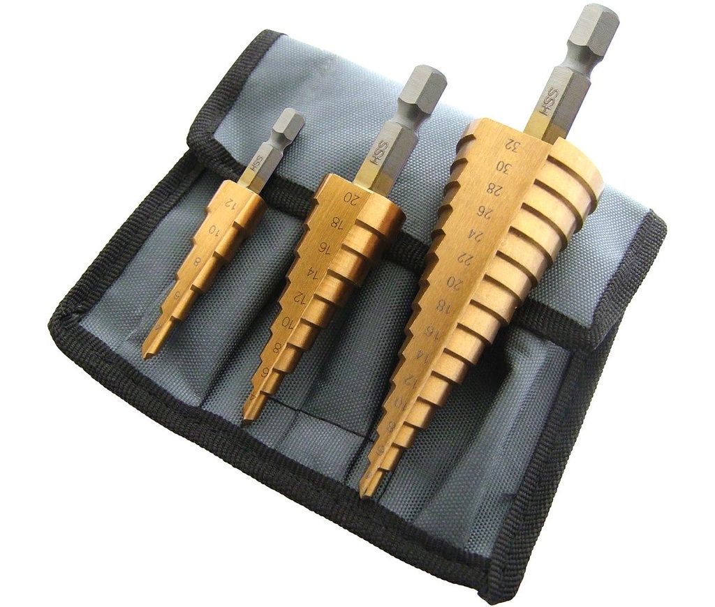 STEP DRILL BIT SET 4-32mm / 3-20mm 1/4 Inch Titanium Coated Hex Shank - View #9